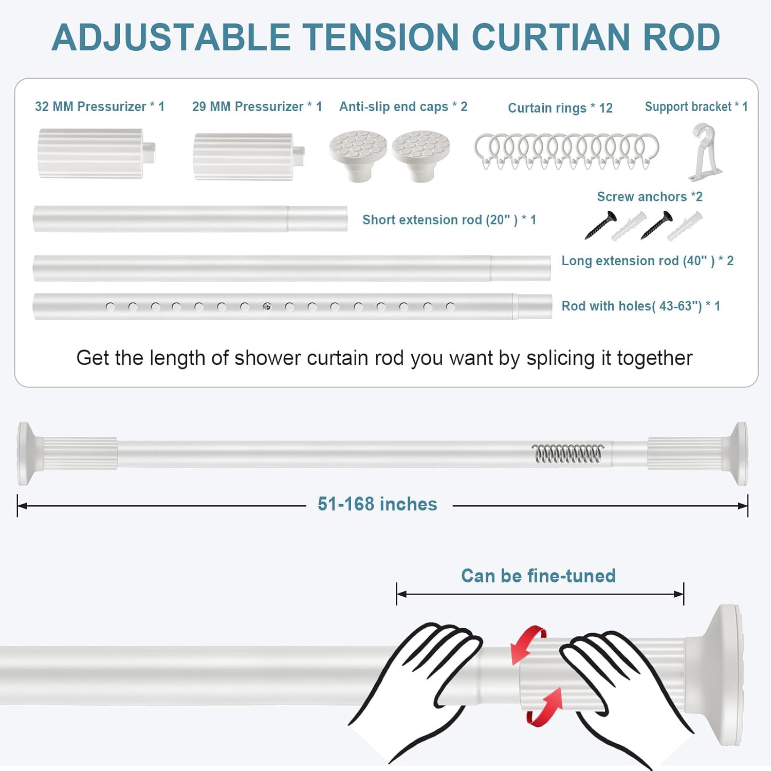 ZOCONE Tension Curtain Rod 51-168 In (4.25-14 Ft), Extra Long Outdoor Curtain Rod for Patio, Shower Curtain Rod No Drilling for Bathroom Windows, Heavy Duty Garland Tension Rod Renter Friendly, White